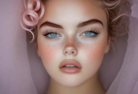 The image is a high-resolution photograph featuring a young woman with striking, ethereal features. She has light skin with a scattering of freckles across her face, particularly prominent across her cheeks and nose. Her piercing, large blue eyes are wide open, giving her a dreamy expression. Her hair is a vibrant, pastel lavender, styled in loose, tousled waves, with bangs that frame her face. She has a delicate, natural makeup look with a focus on her lips, which are painted a soft, natural pink.rockabilly style, 1girl, solo, realistic, looking at viewer, flower, freckles, lips, blurry, parted lips, close-up, 1950's