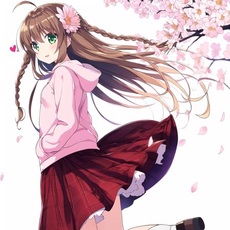 masterpiece,best quality,extremely detailed,illustration, (solo),
1girl,(long twin braids),((twin braids)),long hair, hair ornament, green eyes, brown hair, hair flower,((hair flower on head both sides)),ahoge,
(lightpink hoodie),(long skirt),(red plaid skirt),(young girl),smile,blush,high light in eyes,(arms behind back),
cherry blossoms,blue sky, sky, outdoors,petals,(sunset), tree,wind, bangs, <lora:kotori:0.8>,kotori,
[(white background:1.5)::5], (bottle bottom:0.9), 1 girl, mid shot, full body, Depth of field, illustration,