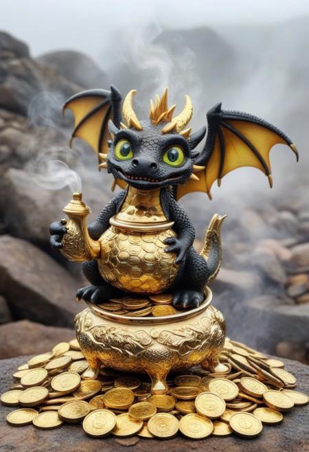 a little cute dragon teapot made entirely of atai, sitting on a pile of gold coins, solo, big eyes, wings, detailed eyes, (smoke:0.9), rock, outdoor, mist