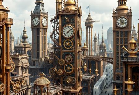 clockwork punk cityscape, exposed gears and springs, intricate clockwork mechanisms, towering brass structures, rotating cogs visible through transparent surfaces, massive clock towers with visible internal mechanics, brass and copper hues, detailed clock faces, ticking mechanical gears, complex and delicate gear networks running through buildings, open mechanical contraptions integrated into architecture, rhythmic motion of turning gears, shining polished metal, intricately wound springs, brass pistons and levers moving in unison, massive pendulums swinging from towering structures, mechanical bridges lifting and lowering with precision, detailed clockwork automata walking the streets, glowing brass lanterns powered by gear-driven energy, photorealism, high resolution, ((masterpiece)), complex mechanical devices everywhere, interconnected networks of gears powering the entire city, spinning cog-powered elevators, hand-cranked mechanical vehicles, rhythmic chimes echoing throughout