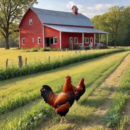 chickens in a field, vintage red farmhouse, big rustic antique farmhouse