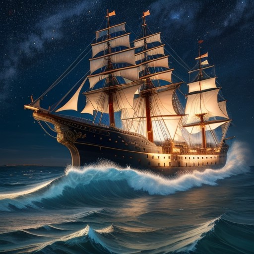 (best quality: 1.2), (masterpiece: 1.2), (realistic: 1.2), a steampunk ship on high sea, huge waves, starry night, on eye ...