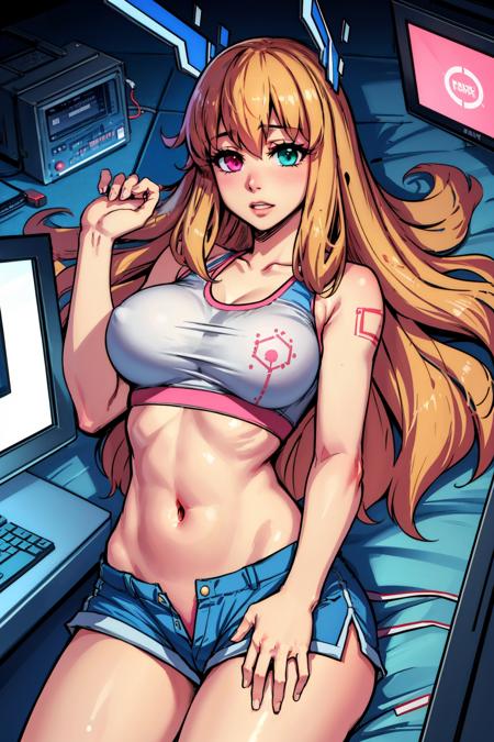 masterpiece, best quality, mwchan, heterochromia, headgear, pink sports bra, shorts, large breasts, lying on back, computers, circuitry, electronics <lora:morriswormchan-nvwls-v1-000010:0.9>