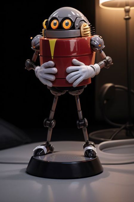 Eggrobo, robot, gray head, red shirt, jetpack, gray metallic limbs, holding gun, white gloves, black shoes with white straps
