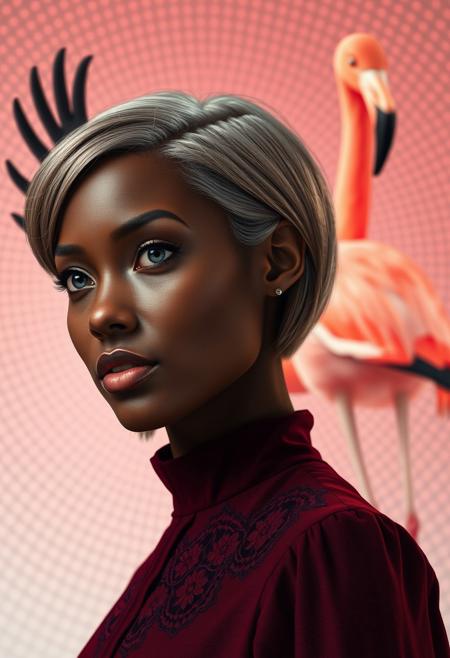 A hyper-realistic close-up portrait of a dark-skinned woman with short, platinum brown hair, styled in an elegant bob. She is captured in a slight three-quarter profile, her light violet eyes gazing off to the side with a thoughtful expression. She wears a high-neck, deep burgundy dress with intricate lace detailing at the collar, the fabric soft and textured. In the background, a majestic pink flamingo stands tall, its striking pink feathers contrasted by its dark, elongated crown and black-tipped wings. The glowing optical illusion pattern of dots behind her swirls in a circular motion, drawing focus to both her and the heron. The lighting softly highlights her delicate features and the heron’s proud stance. HD, 8K quality, ultra-detailed, masterpiece artwork, flawless anatomy.