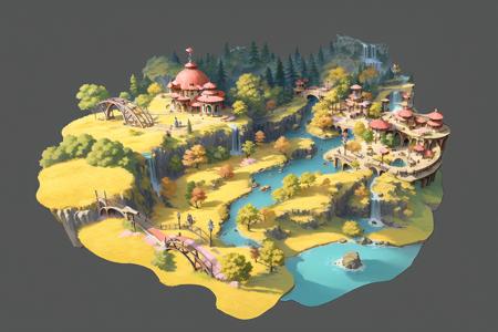 concept art, top-down view, Game scenes, miniature maps, tree, bridge, waterfall, ancient architecture, gray background, water, river, outdoors, simple background, landscape, valley,<lora:shapan:0.8>,