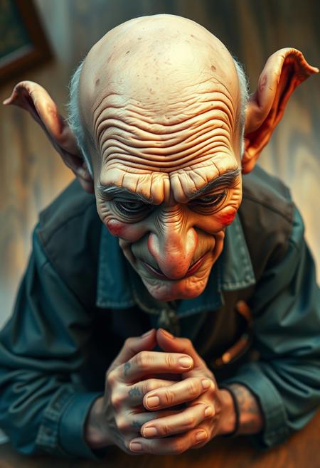 A high-angle, surreal caricature of an elderly, bald man with exaggerated features: prominent brows, deep-set eyes, elongated ears, and blemishes.  His skin is subdued, showing subtle tattoo markings. He gazes downward, exuding wisdom and mischief. The whimsical scene features iridescent reflections and volumetric lighting, with muted blues and reds in the clothing.  The style is realistic yet distorted, showcasing sharp awareness and weariness. The composition is visually striking, enhanced by exaggerated hands resting on a table.