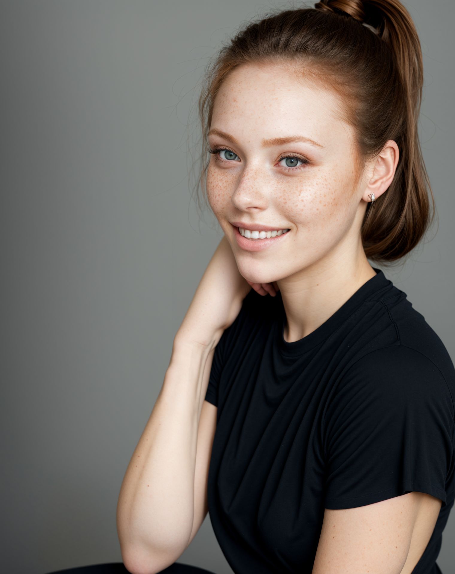 1girl, solo, female, beautiful, ginger, redhead, looking at viewer, smile, simple background, shirt, black hair, brown eyes, closed mouth, upper body, ponytail, grey background, lips, black shirt, portrait, freckles, realistic
masterpiece, best quality, high resolution, 8k, sharp focus, ultra detailed
(high quality beautiful detailed eyes)
25 years old, perfect body, super sexy, seductive smile,