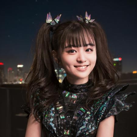 1girl,masterpiece, photorealistic, detailed, RAW color photo,(fully in frame:1.1),<lora:mo4kikuv4:0.95> young,idol, cute, twintails,black outfit, buildings around ,night, neon lights,subtle smile