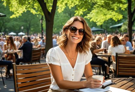 A meticulously detailed, hyper-realistic portrait of a Olivia, in her 35 years old ,with sun-kissed skin, bright green eyes, and a radiant smile. Her wavy, very short light brown hair , framing her naturally beautiful face. natural textured skin, subtle wrinkles,She is seated at an elegant outdoor café in Central Park, New York, on a perfect summer afternoon. Olivia wears a white linen blouse with the sleeves rolled up and light beige trousers, effortlessly chic yet comfortable. A pair of stylish sunglasses rests on the table beside a steaming cup of coffee and a leather notebook, as if she had just been writing. The café has dark wooden tables and classic wrought-iron chairs, surrounded by lush green trees that provide dappled shade. The golden sunlight filters through the leaves, casting a soft glow on her skin. In the background, park visitors stroll leisurely, some enjoying ice cream, others reading on benches, while a musician plays a soft tune nearby. The relaxed, vibrant atmosphere of a New York summer fills the scene. Shot with a Nikon D5300, 50mm lens, f/2.8 aperture, ISO 200, soft bokeh background, emphasizing Olivia while capturing the charm of Central Park in summer."