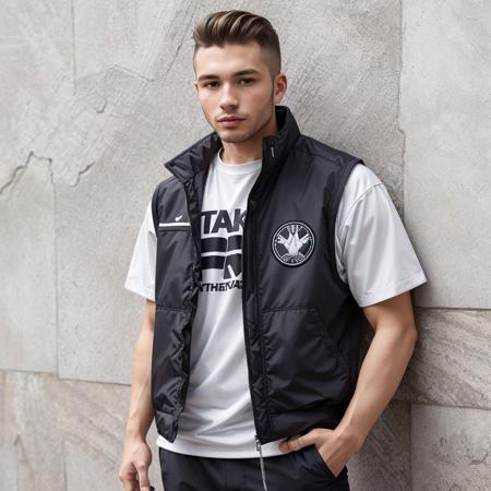 slavic man, vest, techwear, hypebeast, portrait, candid, modeling, photo, blank background, masterful composition