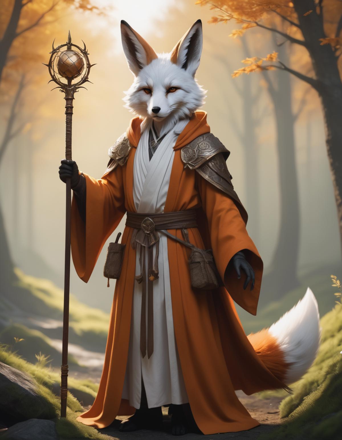 A fox with a staff and a robe.