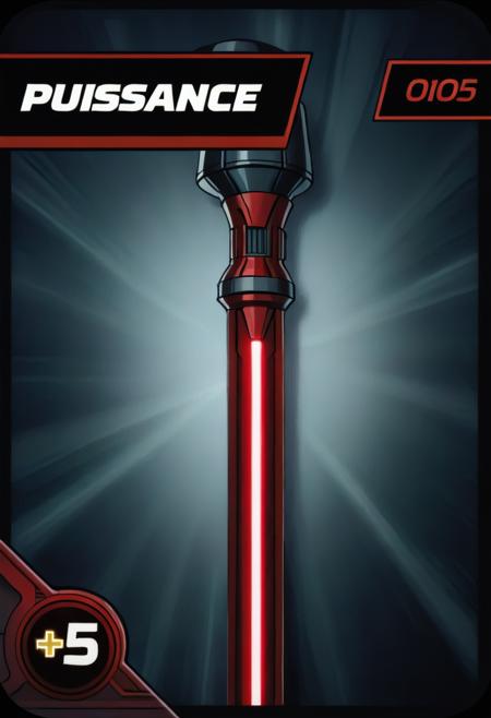 (best quality, masterpiece, absurdres, highres, ultra_detailed, dynamic angle:1.2), vpowerupcard, power5, a sith red lightsaber with red lightning streaks, no human, futuristic, sci-fi, (intricate details, hyperdetailed:1.15), (ultrahigh resolution textures), bokeh, (volumetric, cinematic) lighting, depth of field, <lora:marvel_promo_cards_2023_locon_xl_vpowerup_v1:0.8>