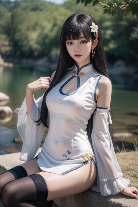 ultra-detailed,highly detailed,best quality,masterpiece,illustration,looking at viewer,
1girl,  yixian,yat sen \(azur lane\), yat sen,blunt bangs, very long hair,
chinese clothes, china dress, frilled sleeves, see-through, thighhighs, hair ornament,
sitting, outdoors, nature, river,tree, grass,stone,
<lora:yixian_qipao_v1_01:0.5>