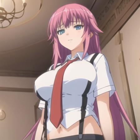 (masterpiece, best quality:1.2),illustration,8k,hd,1girl,solo,upper body,long_hair,very_long_hair,blue_eyes,breasts,large_breasts,shirt,school_uniform,pink_hair,necktie,red_necktie,pants,suspenders,short_sleeves,<lora:Aizawa Suzuka-V1:0.8>,