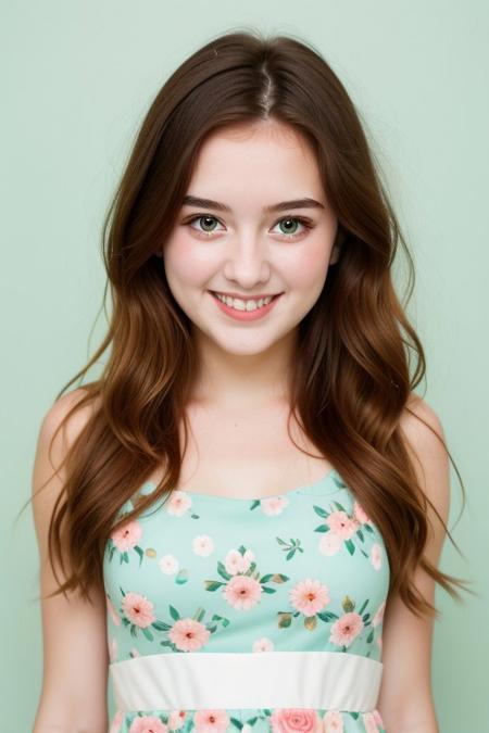 HD, perfect quality, 16k, very detailed,  a beautiful 21yo college girl with ginger hair, pale skin, wearing a dark blue and mint green calico floral dress, pink fleckes, green eyes, slim, detailed skin, hair behind ear, smiling proudly, standing in front of white background