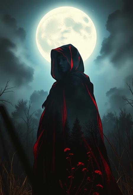 Nightmarish little Red riding hood, Double exposure effect of a silhouette, superimposed against night sky by Conrad Roset, Brandon Kidwell, Andreas Lie, Dan Mountford, Agnes Cecile, Jeremy Mann, oil and ink canvas, fine art, super dramatic light, photoillustration, amazing depth, hyperdetailed, iridescent gold.