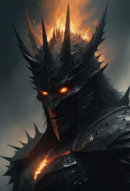 Beautiful and insanely detailed close up image of the Dark Lord Sauron, dark spiky helm, by Greg Rutkowski, Russ Mills, Titian and Artgerm. Intricate, dark, sinister, engulfed in flames, elegant, majestic, ominous, imposing, fantastical and glowing mist. dramatic brush strokes, textured.