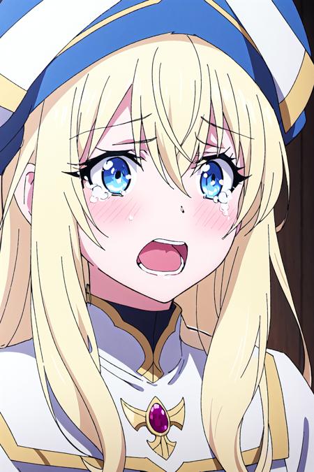 priestess, 1girl,  blonde hair,  solo,  blue eyes,  long hair,  hat,  blush,  open mouth,  hair between eyes,  looking at viewer,  tearing up,  tears,  white headwear,  bangs,  portrait,  dress
high quality, best quality, ultra detailed, masterpiece, <lora:EMS-58735-EMS:0.700000>