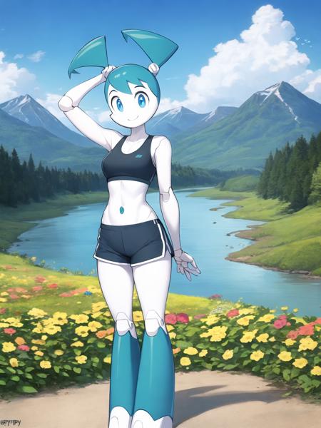 a beautiful and detailed portrait of jenny wakeman,white body,happy, robot joints, blue eyes, shorts, sports bra, standing, national forest, clouds, mountains, flowers, butterflies, white skin, boots, medium breasts,distant river
 <lora:jenny wakemanv1.1:1>