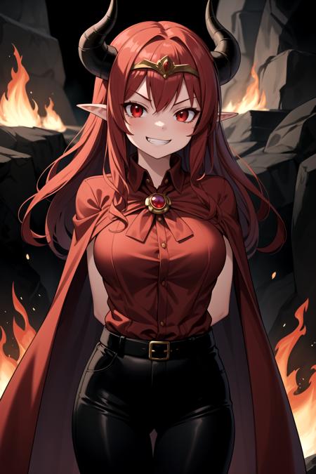 masterpiece, best quality, 1girl, long red hair, red eyes, horns, long red cape, red shirt, black pants, brooch, circlet, evil grin, flames, cave, arms behind back