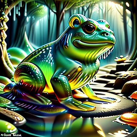 Frog made of slime. Capturing a slimy frog's essence, the Red V-Raptor XL X focuses on intricate details, mimicking hyper-realistic art. The slimy texture glistens under soft, diffused lighting, reminiscent of Caravaggio's chiaroscuro. The frog's skin shimmers like a Klimt painting, radiating an otherworldly allure. Each droplet of slime is a miniature universe, echoing Dali's surrealism. The backdrop, a dark, mysterious forest, adds an air of enchantment, akin to a scene from a Brothers Grimm tale. This shot encapsulates the amphibian's slimy charm, inviting viewers into a realm where reality and fantasy intertwine seamlessly.