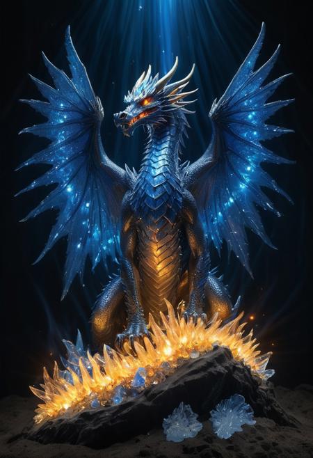 distant view photograph full length, best quality, masterpiece, high resolution, intricate detailed, beautiful photo of a dragon with crystal scales, standing on a pile of gold. Wings made of glowing minerals, iridescent, translucent, blue and gold, angel wings made of crystal, roaring and (breathing fire:1.5), his wings are translucent. dark cavern background, cave, rays of light, natural light, light from behind. Sharp detail, crisp, focus on eyes. Sitting on a mountain of crystals. Photographic style.