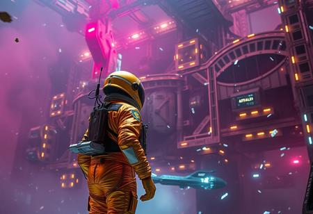 A cinematic shot of an astronaut in a vibrant golden spacesuit standing in the foreground, with a massive, intricate space station or spacecraft as the backdrop. The space station is adorned with numerous lights, windows, and technical details. The astronaut's suit is equipped with various gadgets and patches. The atmosphere is filled with floating debris and a hazy magenta glow