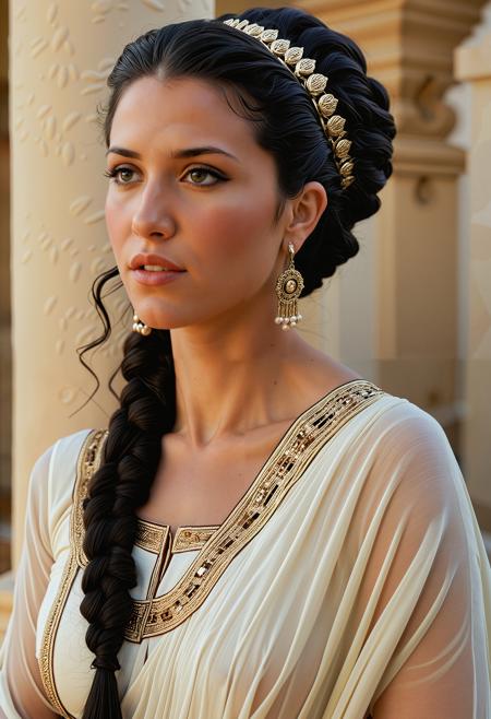 RAW full body analogue photo of a beautiful Greek woman, olive skin, Curly dark hair, dark eyes, clear focus, high resolution image, Wearing traditional tribal clothes,  (Gretchenfrisur hairstyle:1.6),,high quality, film grain, Fujifilm XT3, 8k uhd, dslr, film grain, kodak tri-x 400 film, grain photo DOF, faint lighting, dynamic angle, cinematic, Depth of field, bokeh, best quality, cinematic, light particles, highly_detailed, very_aesthetic, golden hour, beautiful_and_aesthetic, Camera view Close-up ,Sexy pose, erotic pose, exhibitionism ,Island paradise,<lora:Aphrodite_SDXL_V2:0.6>