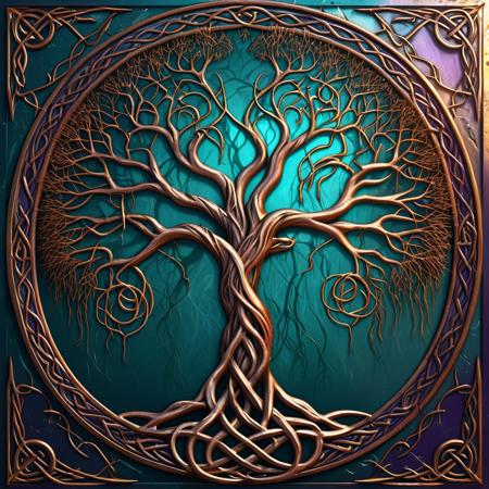 Detailed matte painting fantasy concept art. Close up. A gnarled weeping willow tree with delicate, swirling branches in a Gaelic Tree of Life design on a steel sheet metal backdrop. Vibrant teal and rust complementary colors. Intricate bare branches and ornate roots with glowing silver accents. Ornate Celtic knot patterns. Radiant golden light. Deep blues and purples in the shadows. High contrast. 8k resolution Unreal Engine 5. Best quality. Trending on Artstation. Neon accented. Metallic sheen. Laser cut design.