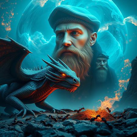 Image is a digital fantasy artwork featuring a detailed dragon watching an ants nest and a mystical human face. The dragon, positioned in the foreground, has intricate scales with a metallic sheen, sharp horns, and glowing orange eyes. The ground beneath is rocky, with a crowded ants nest. In the background, a large, transparent, ethereal face of a bearded man with a stern expression emerges from a swirling nebula of blue and orange hues. The man's skin is pale, and he wears a textured cap. The overall colour palette is dominated by cool blues and fiery oranges, creating a dramatic and otherworldly atmosphere