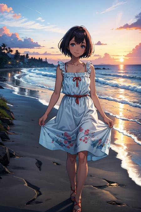 masterpiece, best quality, daitoku junna, sundress, beach, walking, smile, looking at viewer, sunset <lora:junna-nvwls-v2-000010:0.8>