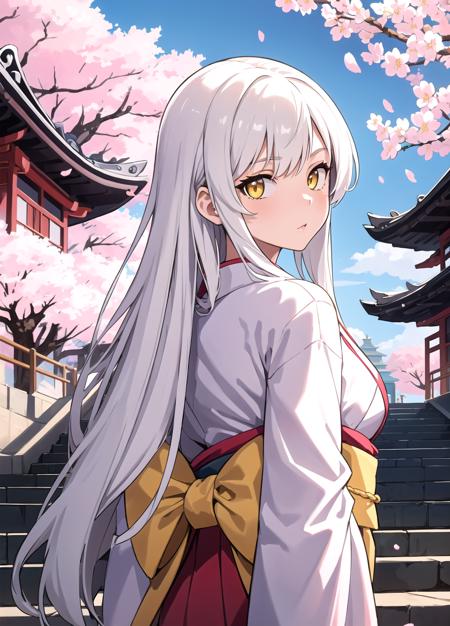 masterpiece, best quality, 1girl, yellow eyes, long hair, white hair, tree, stairs, standing, kimono, sky, cherry blossoms, temple, looking at viewer, upper body, from below, looking back,