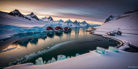 RAW photo, (masterpiece:1.3), subsurface scattering, heavy shadow, (high quality:1.4), (intricate, high detail:1.2), professional photography, HDR, High Dynamic Range, realistic, ultra realistic, photorealistic, high resolution, film photography, ambient lighting, atmospheric effects,  OverallDetail, Ice, a small Inuit village with a harbor, frozen lake, vivi, epiCPhoto