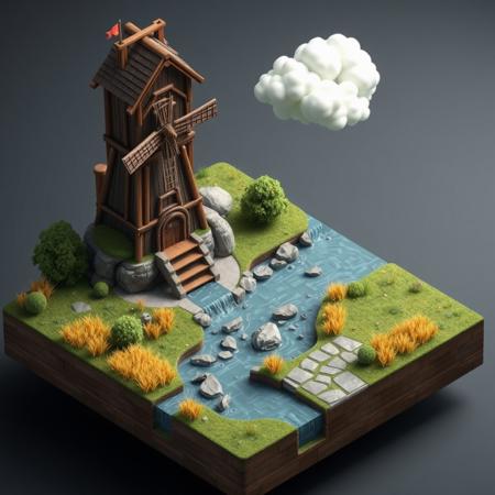 3D isometric mini world based on heroes of might and magic 3, homm3, river, watermill, wooden watch tower, wheat field, stone pathway, clouds
