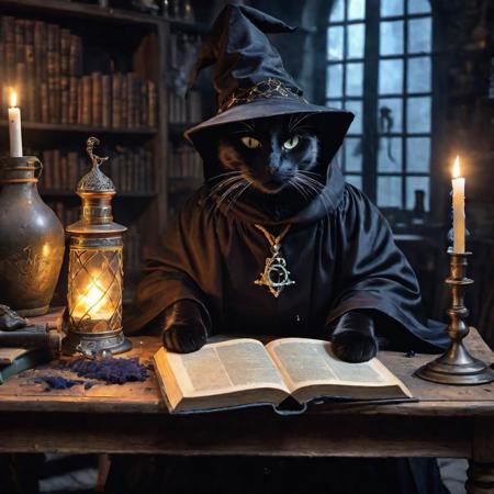 Masterpiece, ultra-detailed, UHD, weathered esoterism table, old  potions, broken bottles, empty bottles, old books, destroyed bookshelves, night, (((cat wearing mage robe and mage hat))),((sorcerer black cat laying down on the table)),  spiderwebs, abandoned, (dust particles), candle lighting, sorcery, ((sorcerer clothing)), alchemy ingredients, symbols, fog