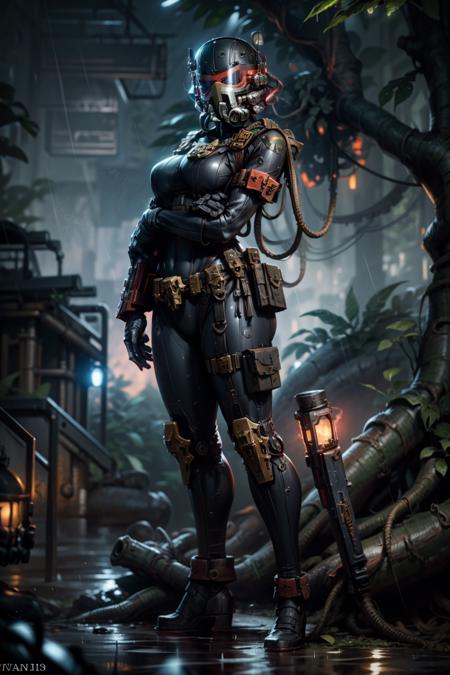 photo of , ((vindicare:1.2)), ((solo:1.3)), mask, red glowing visor, fully covered face,  black bodysuit, <lora:tool - add_detail:0.5>
standing on top of tree, standing by massive tree, lush jungle, dense jungle, rain forest, dark ambiance, night time, <lora:Officio Assassinorum MK1 by CARAXES-000029:0.7>