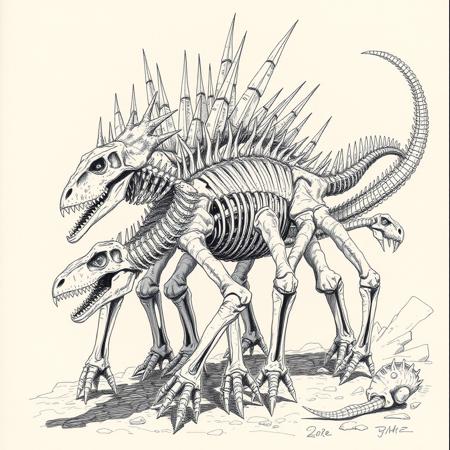 weird cryptic sketch, fantasy, fossils, multiple heads, legs and arms, animals, spikes, jagged ridges, scales, regenerative crystals, multiple dinosaur skeletons, 200 legged creature with dinosaur skulls on the ends, spines, bones, creature, ribs, ugly