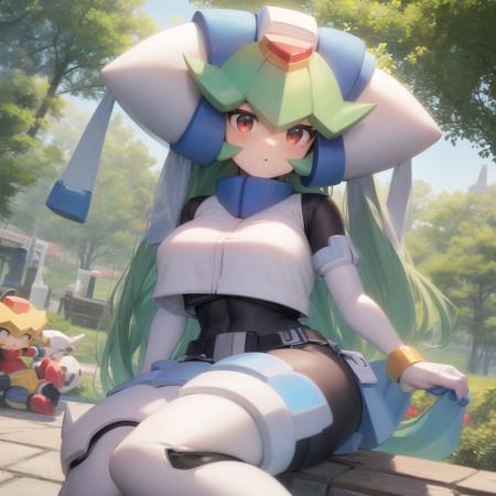 Pandora, android, green hair, red eyes, head piece