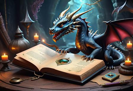 A fantasy landing page designed like an ancient spellbook invites users to enter a magical world of dragons and witches.
Text: "New style artificial intelligence, artistic photo creation"