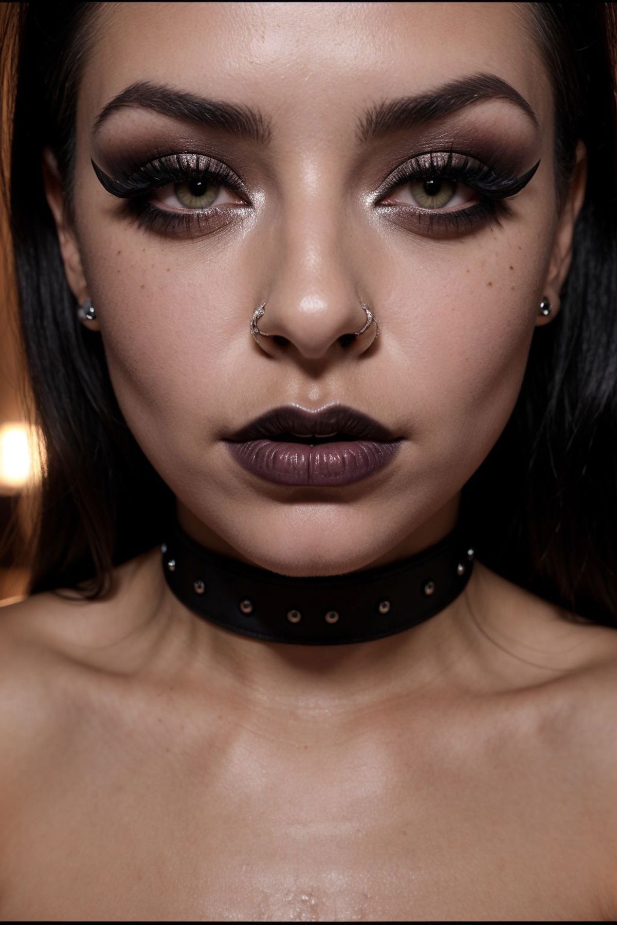 A woman with dark makeup, including purple lipstick, is wearing a black leather choker necklace.
