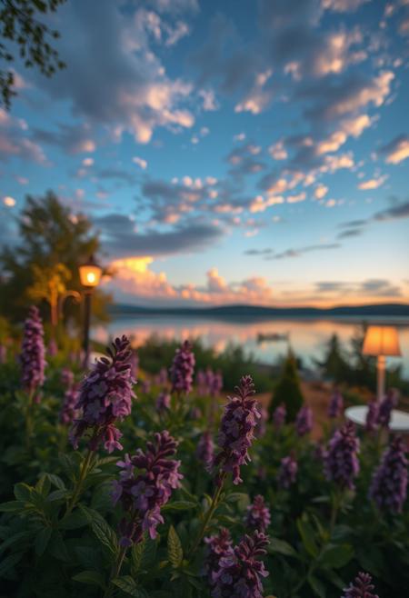detailed background,( Calm spring night landscape), amongst lush greenery, beautiful view, creeping phlox in full bloom, creeping phlox, early morning, sunrise sky, beautiful clouds, dappled sunlight, outdoor seating, one lamp, Tranquil Lake, Boat on a Lake, depth of field, masterpiece, best quality, ultra-detailed, very aesthetic, illustration, perfect composition, intricate details, absurdres, moody lighting, wisps of light, no humans,