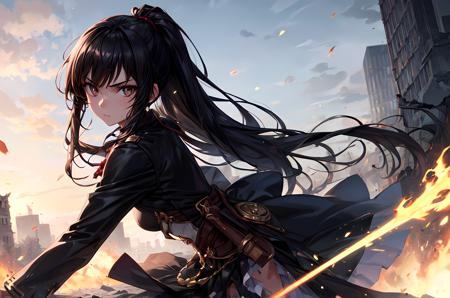 an anime woman is dressed up in black and has a Spear in her hand, 1girl, black hair, solo, long hair, looking at viewer, ponytail, bangs, City Ruins, Battlefield, High Resolution, Detailed Background, Hazel Brown Eyes, Wind slash, Fire, Badass Cold Expression