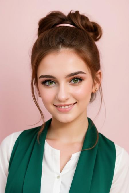 HD, perfect quality, 16k, very detailed,  a beautiful 21yo Turkish girl with ginger hair in a bun, pale skin, wearing a toga, pink fleckes, green eyes, slim, detailed skin, hair behind ear, eyeshadow, eyeliner, smiling proudly, standing in front of pink background