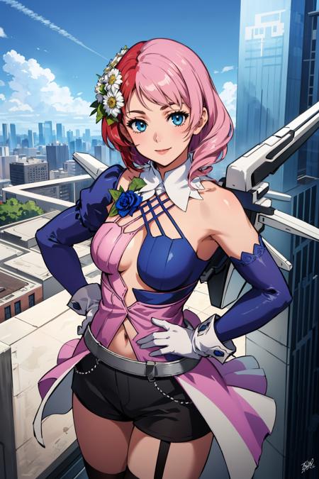 alisab, multicolored hair hair flower, dress, cleavage, detached sleeves, white gloves, short shorts, asymmetrical legwear mechanical wings