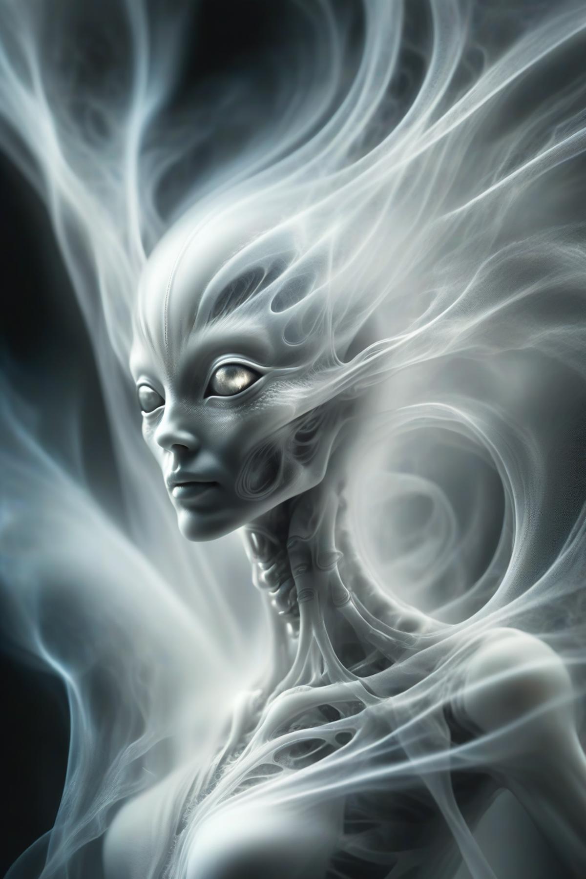 A woman with a flowing white mane, with a face that appears to be a mix of human and robotic features, surrounded by a white, wispy substance.