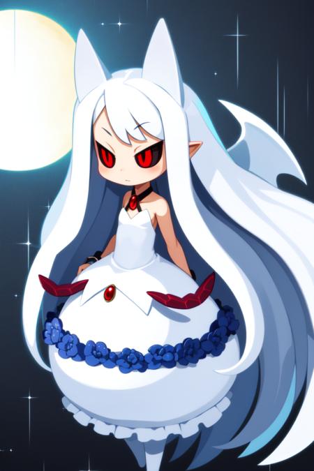 masterpiece, best_quality, 1girl, solo, white hair, red eyes, wings, white dress, black sclera, long hair, horns