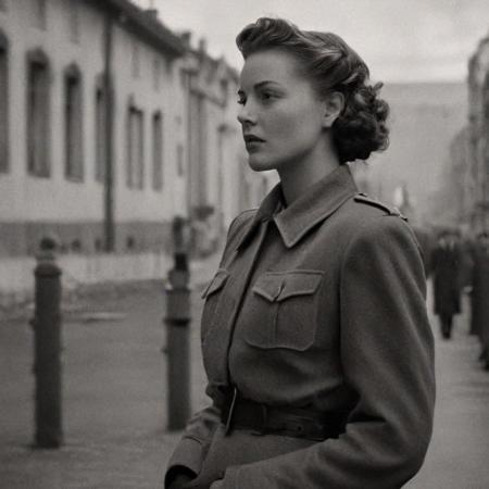 cinematic film still of  <lora:1940's style:1>
In the 1940's a woman standing on a sidewalk in front of a building,1girl,solo,looking at viewer,open mouth,long sleeves,standing,jacket,monochrome,full body,closed eyes,greyscale,outdoors,
, germany military uniform, boots,facing viewer,freckles,realistic,hands in pockets,photo background  ,realistic,realism,perfection,perfect,filmic,retro,vintage,classic,different haircut,different look,different style,1940's style , 1940 style, shallow depth of field, vignette, highly detailed, high budget, bokeh, cinemascope, moody, epic, gorgeous, film grain, grainy