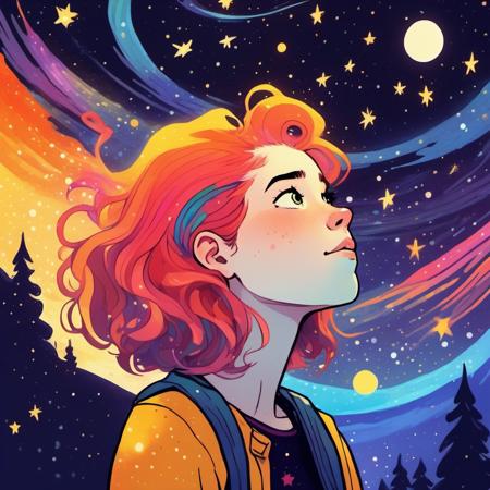 girl with multicolored hair staring up at a starry night