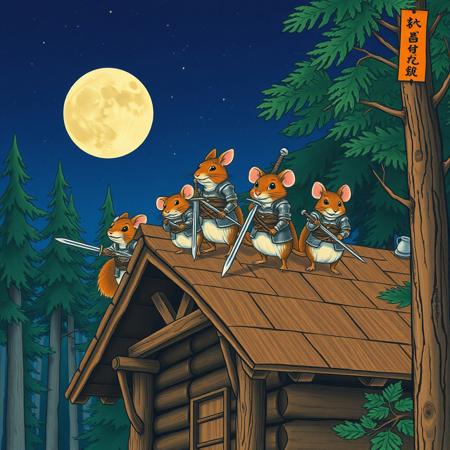 A warm summer night,  a one big squirrel is a commander of a group of  mice. All  are standing on the top of a wooden roof of a big wooden cabin in the middle of the forest.  All of them wear a medieval knight armors and hold steel swords. vivid colors, ukiyo-e  style
